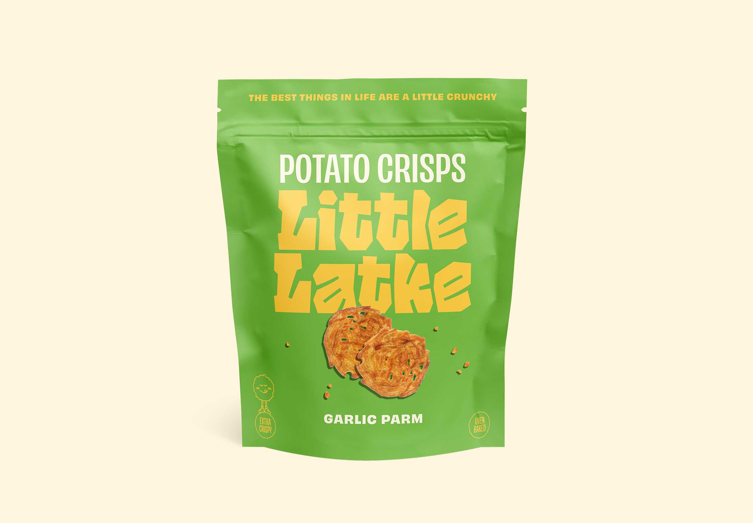 Green package of Little Latke potato crisps on a beige background