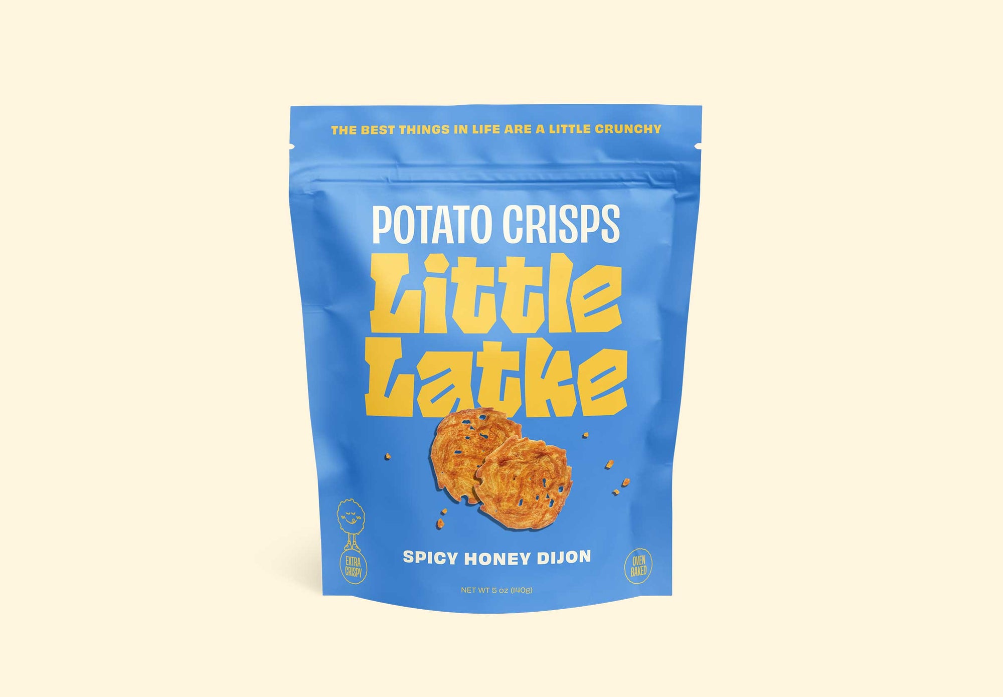 Blue package of Little Latke potato crisps on a beige background